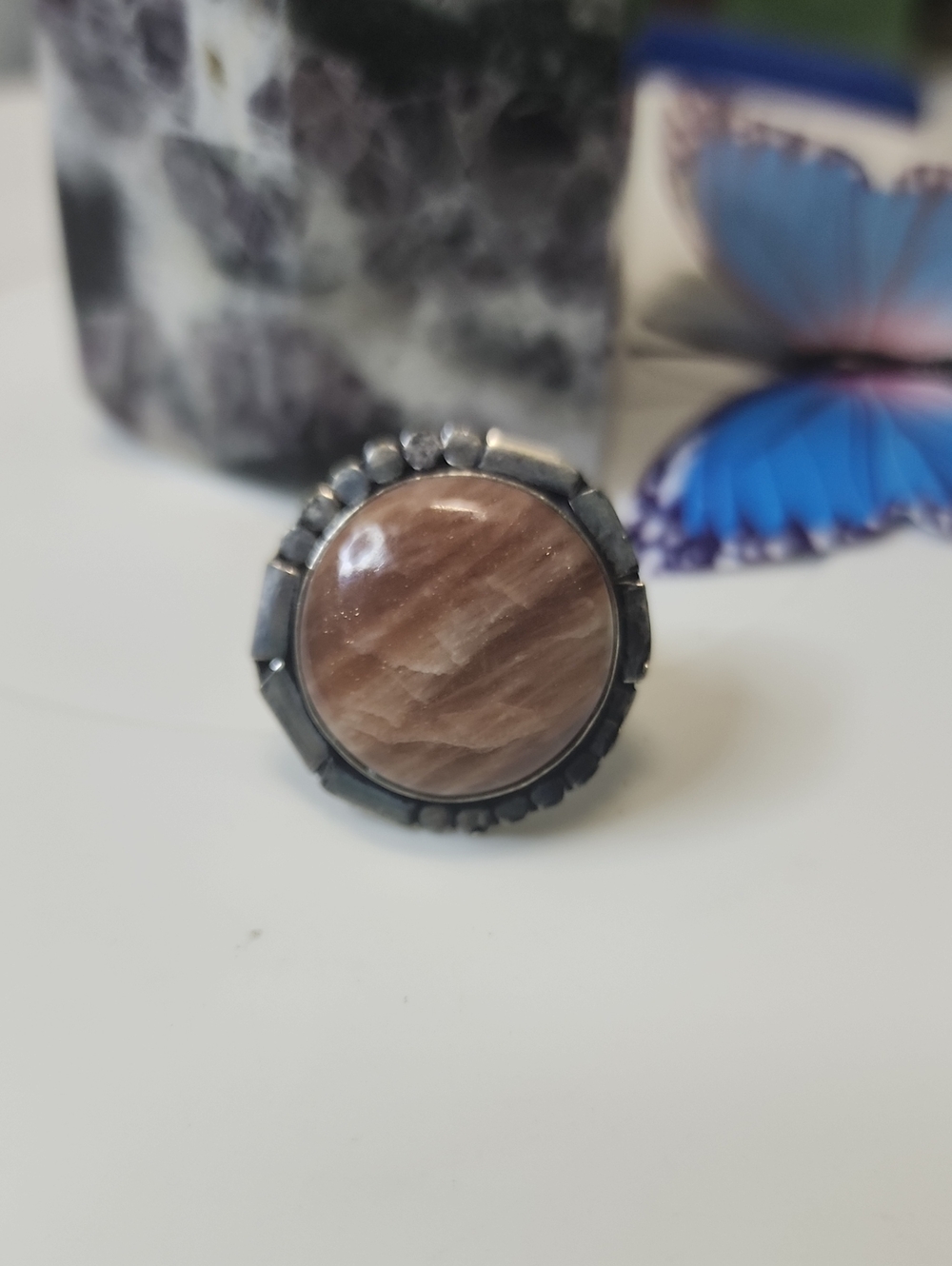 Round Sunstone Ring - Classic Silver Finish